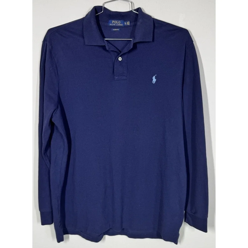 Polo Ralph Lauren Pique Knit Cotton Long Sleeve Classic Polo Shirt‎ Mens XL Blue
